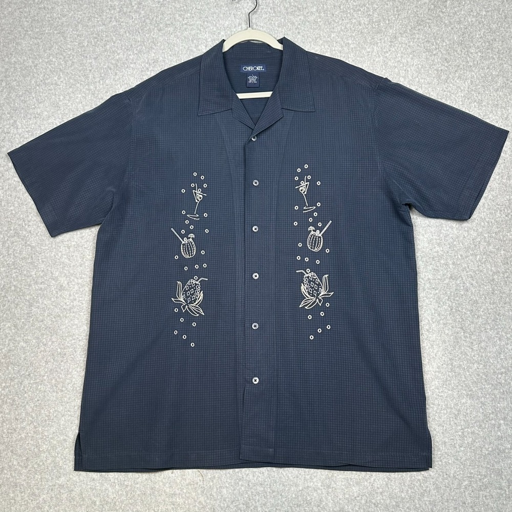 VTG Cherokee Camp Shirt L Blue Gingham Embroidered Upside Down Pineapple Swinger